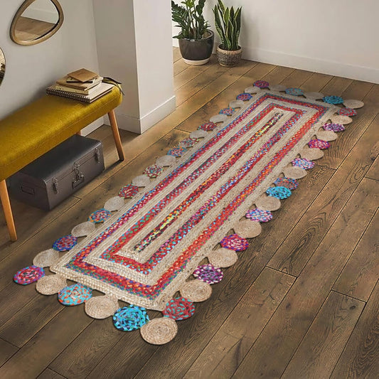 Kilim Rug Scalloped Runner 2.6x4 Jute Runner Rug Solid Pattern Beige Color Flatweave Carpet Thick 0.27 inches Braided Jute Indoor Outdoor Rugs for Kitchen Bedside Yoga Mat Entryway - Colors A