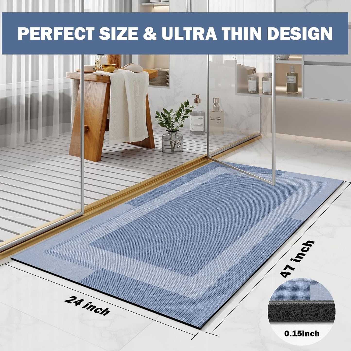YDKGL Non Slip Long Bath Mat Bathroom Runner, Rubber Backing Ultra Thin Bathroom Rugs Fit Under Door Quick Dry Super Absorbent Washable Bath Rug Shower Mat for Bathtub Sink Floor, Dark Gray 17"x47"