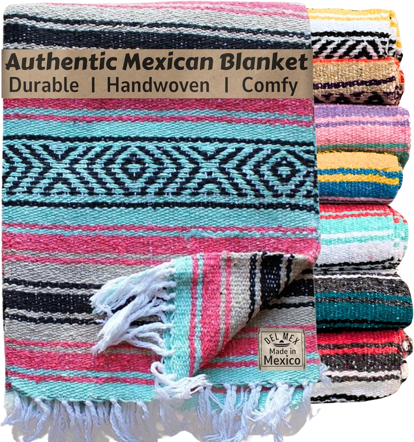 Del Mex Classic Mexican Blanket, Large Authentic Woven Falsa Throw (70"x50"), Artisan Southwest Décor for Beach, Yoga, Outdoors (Lavender)
