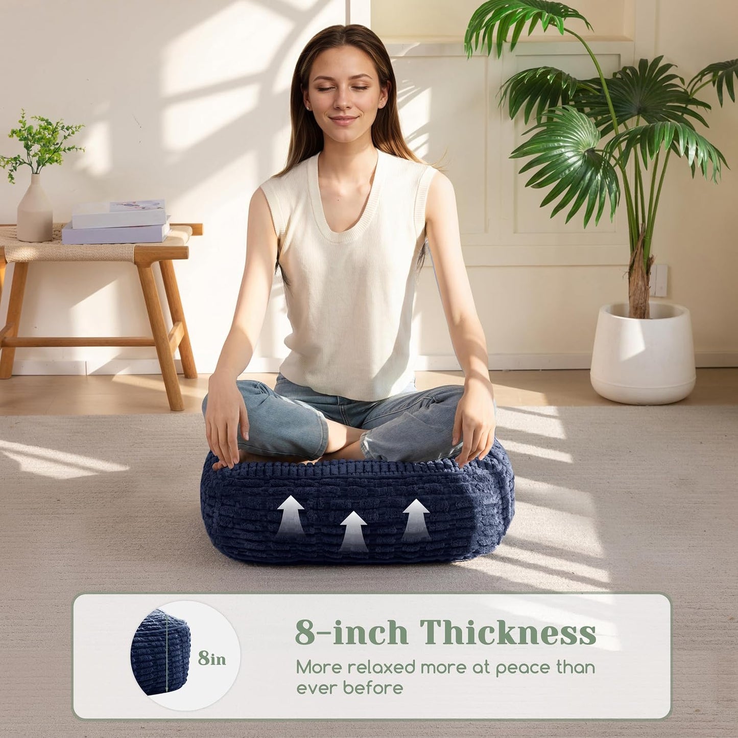 HIGOGOGO Floor Pillow Cushion for Adults, Meditation Cushion Pillow, Blended Corduroy Cover, Large Square Floor Sitting for Tatami Living Room or Yoga, 22x22 Inch, Beige
