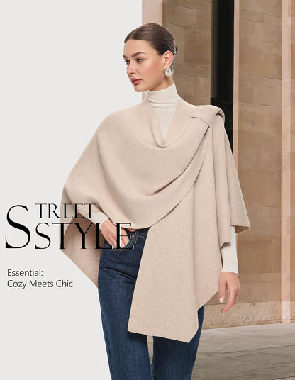 PULI Womens Large Cross Front Poncho Sweater Wrap Topper Knitted Elegant Shawls Cape for Fall Winter