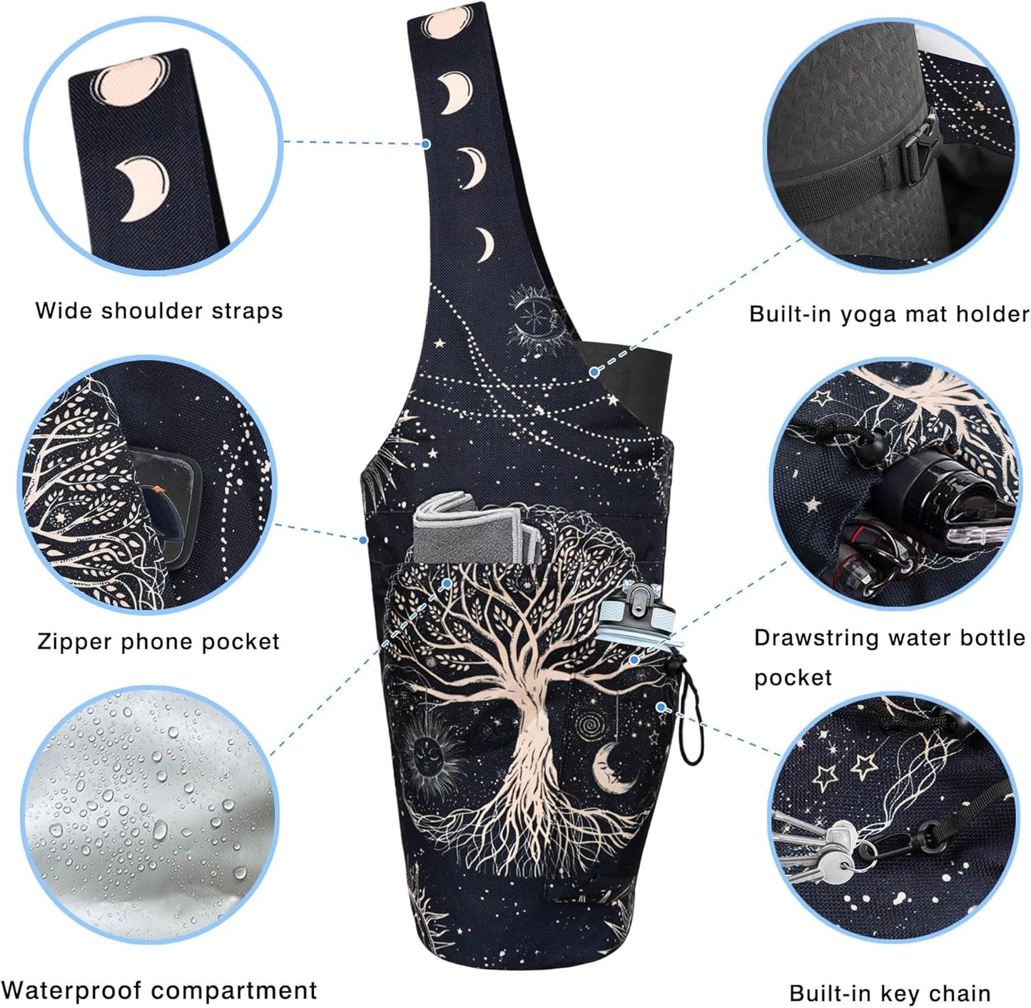Yoga Mat Bag - Large Opening Long Tote Yoga Mat Carrier Holder Bag with Waterproof Wet Zipper Pocket and Drawstring Water Bottle Pocket - Yoga Bag Fit Most Size Mats