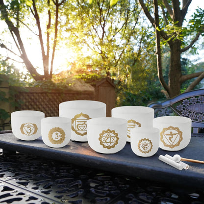 Ryan Dvan 432Hz 7"-12" Set of 7 Crystal Singing Bowl Set ¨C Gradient Color Quartz Bowls for Chakra Healing, Meditation, Sound Bath & Yoga.Sound Therapy Tools with Suede Mallets & O-Rings.