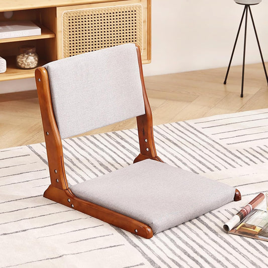 Tiita 2Pcs Floor Games Chair, Foldable Meditation Tatami Chairs, Backrest Chair with Cushion, Living Room Chair Seat, Wood Grey