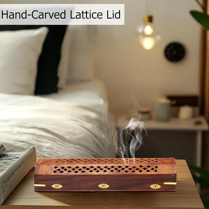 Sheesham Wood Incense Burner Holder - Set of 2 Coffin Style Sun Moon Inlay Handmade Aromatherapy Room Freshener Fragrance Cone Incense Stick Burner Ash Catcher - Zen Home Gift - 12x2x2 - COTTON CRAFT