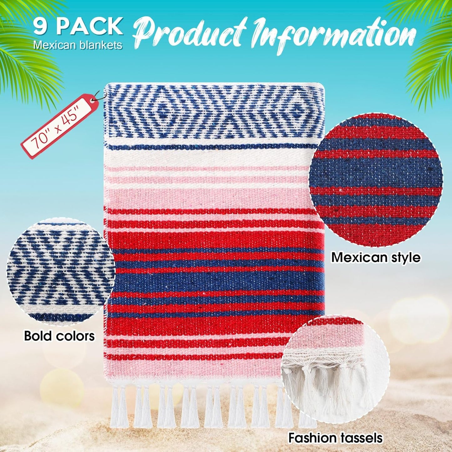 Peryiter 9 Pcs Mexican Blanket Bulk Large Yoga Blanket Striped Falsa with Fringed for Outdoor Beach Picnic Couch, 45 x 70 inch(Bright Colors)