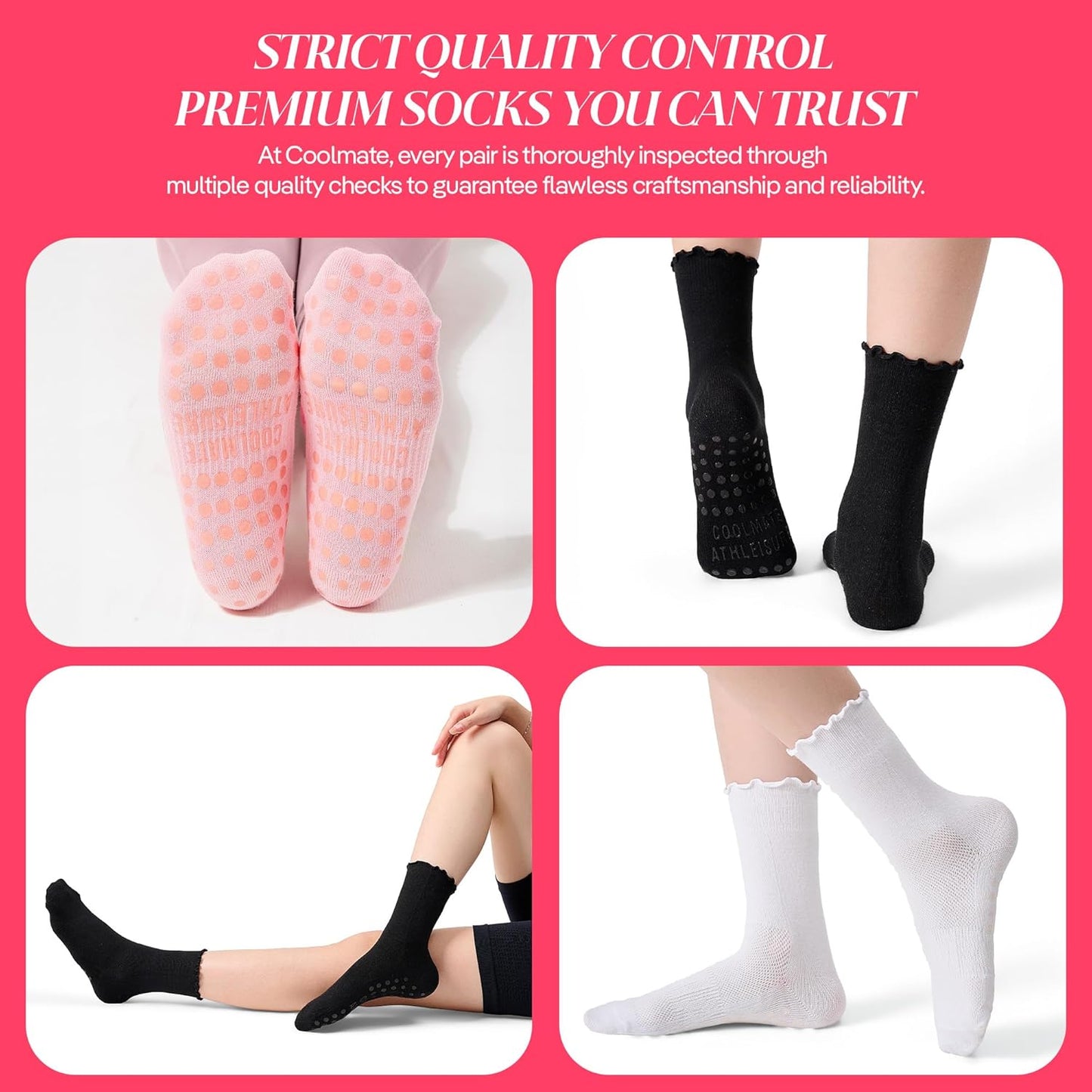 COOLMATE Pilates Socks with Grips for Women, Yoga Socks, Crew Non Slip Women for Barre, Pilates Gifts for Women - Colors B