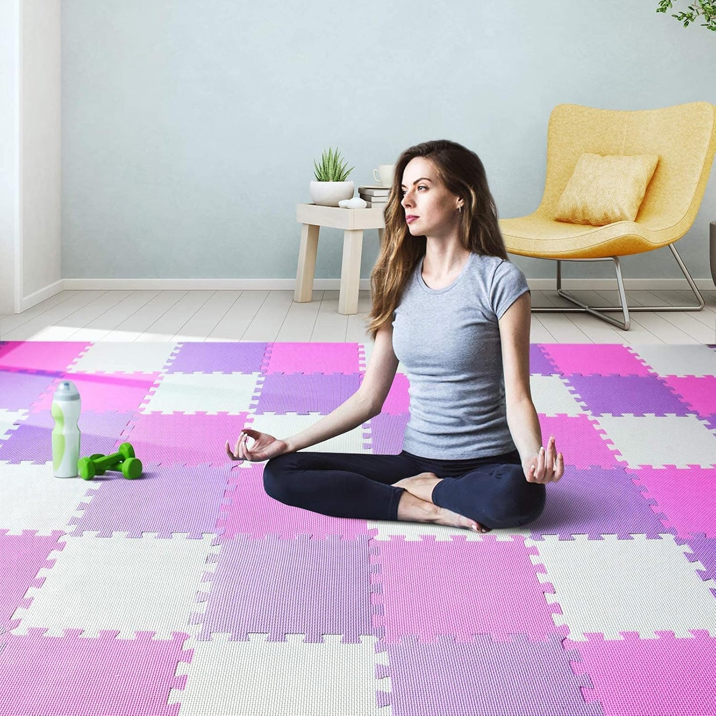qqpp EVA Rubber 18 Tiles Interlocking Puzzle Foam Floor Mats - Baby Play Mat for Playing | Exercise Mat for Home Workout. White, Pink, Gray. QC-ACLb18N