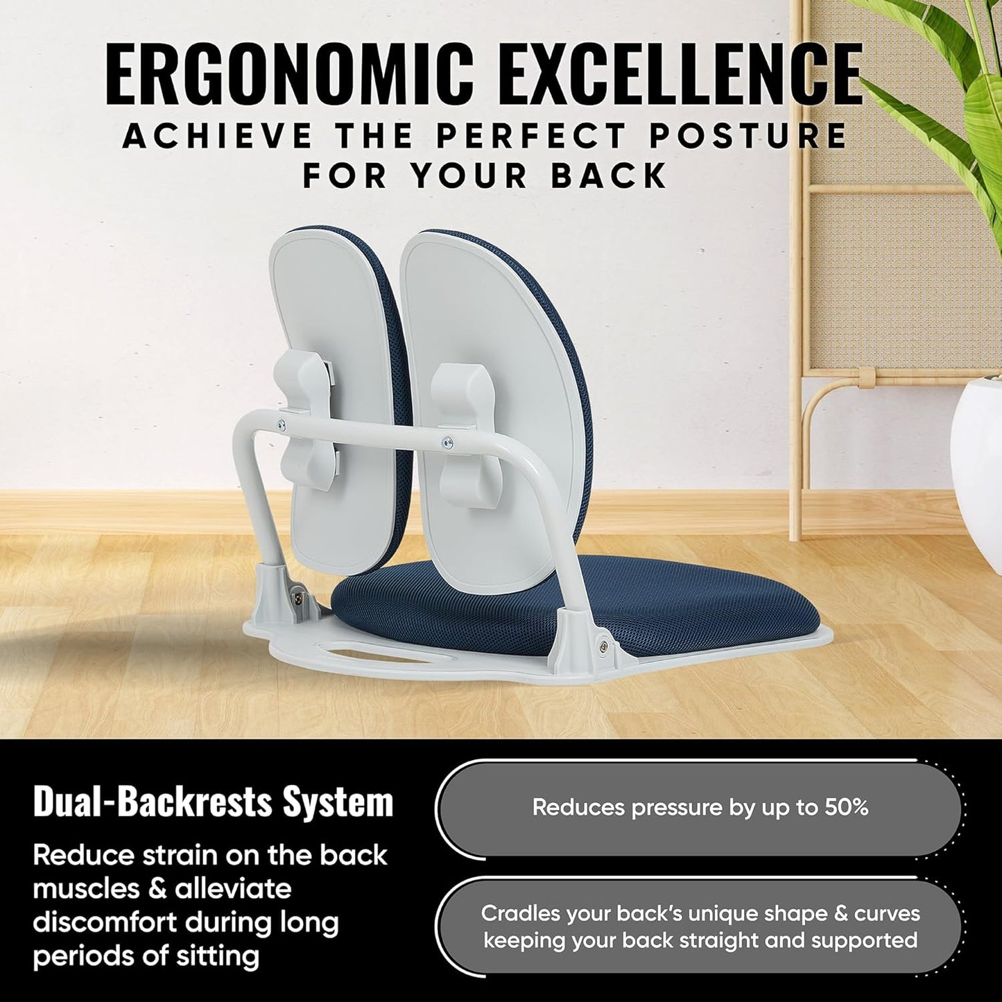 【Premium Dual-Backrests】 Made in Korea Ergonomic Floor Chair with Back Support - Meditation Chair, Floor Gaming Chair, Reading Chair, Floor Chairs for Adults, Foldable Chair (Black Leather)