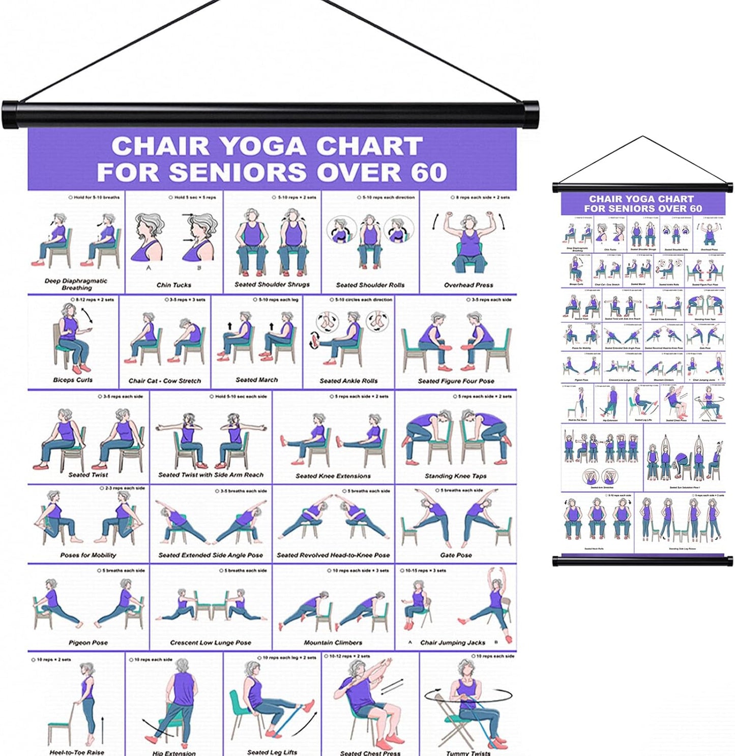 GiftNest Chair Yoga Wall Chart – 31 Poses for Seniors & Beginners – Fabric Poster with Hanging Rod & Rope – Durable, Foldable, and Easy to Display in Home or Office – Stretching & Mobility Guide