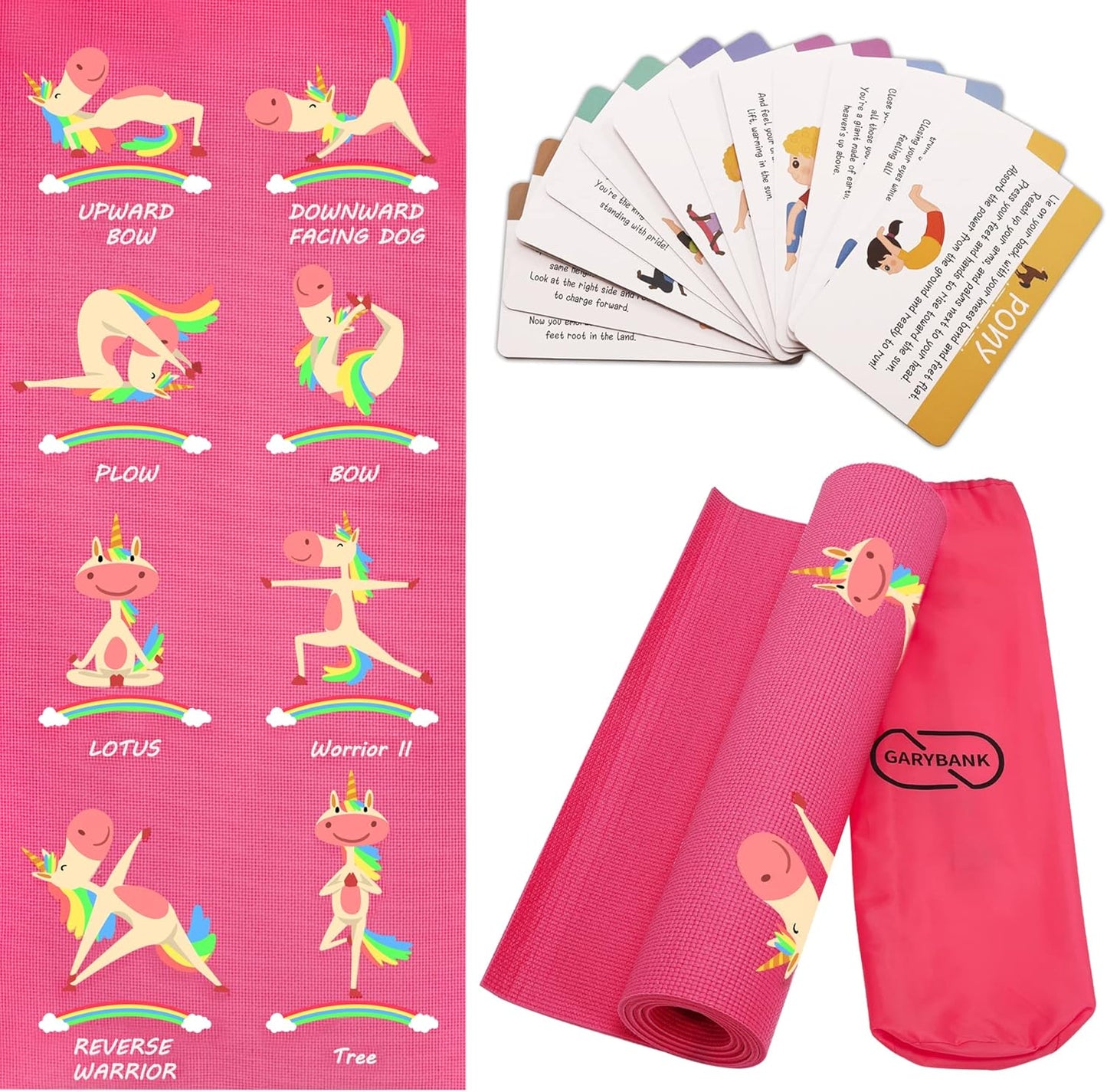 Garybank Kids Yoga Mat Set - Non-slip Exercise Mats with Fun Prints - 12 Yoga Cards - Carrier Bag - Odor Free Non-Toxic, Cute Yoga Mat for Girls & Boys (60 X 24 X 0.2 Inch)