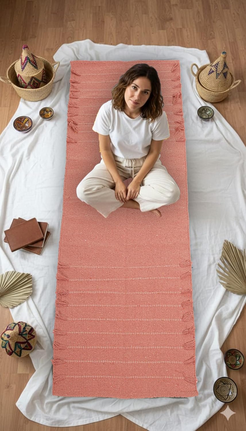Indian Handmade 100% Organic Cotton Yoga Mat, Hand Woven Rug, Yoga Mat For Everyday Fitness at Home Comfortable Foldable Long Mat