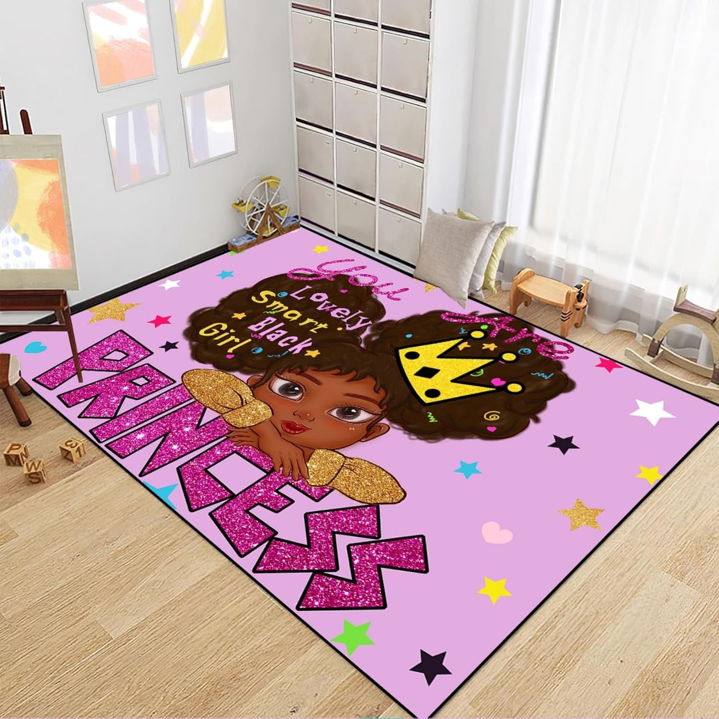 Black Girl Area Rug for Bedroom African American Rugs for Room Princess Carpet Kids Rugs for Bedroom African Girls Carpet for Living Room Teen Girls Yoga Mats, Pink, 4'×5'