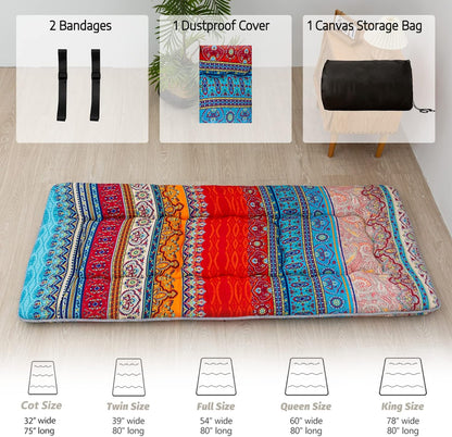 MAXYOYO Bohemian Retro Mattress Boho Floral Japanese Futon Mattress Tatami Floor Mat Foldable Portable Camping, Sleeping Pad, Lounger Couch Bed Full Size