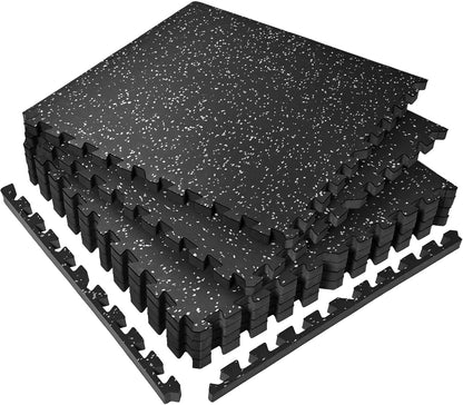 SUPERJARE 0.56'' Thick 12 Pcs 48 Sq Ft Rubber Top Exercise Equipment Mats, High Density EVA Foam Mats with Rubber Top, Interlocking Gym Flooring for Home Gym, Protective Workout Mat, Black/Grey