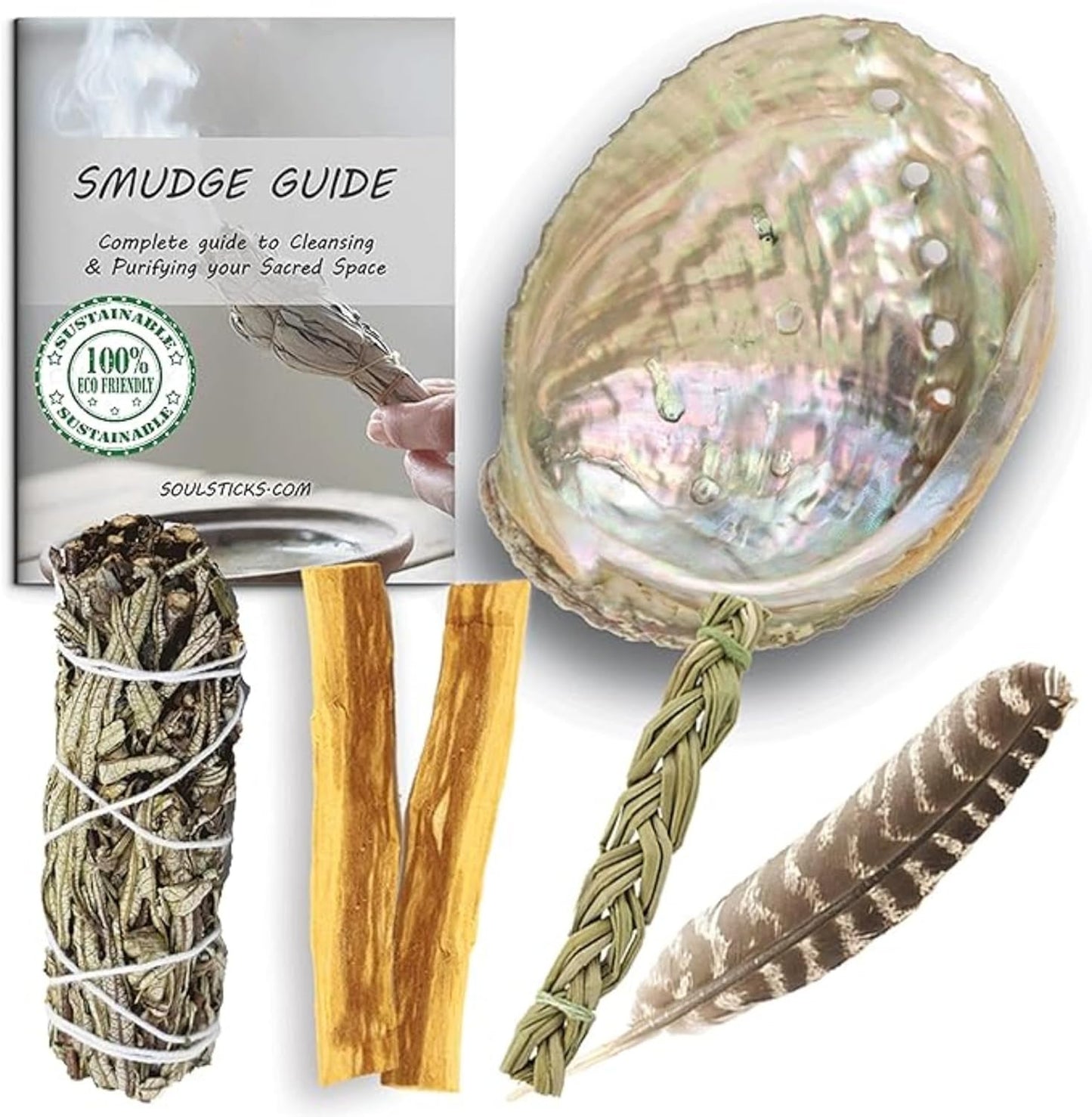 Ancient VEDA Organic Smudge Kit – Yerba Santa, Palo Santo, Sweetgrass Braid, Feather & Smudge Guide | Home Cleansing Kit for Meditation, Yoga, Energy Healing & Gift (Starter Kit, Yerba Santa Sage)
