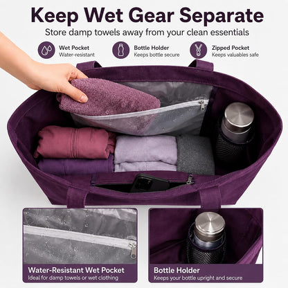 Yoga Mat Bag for Women, 100% Cotton Canvas Tote with Wet/Dry Pocket, Bottle Holder and Inner Zipper Pocket, 25L Carrier for Pilates and Travel