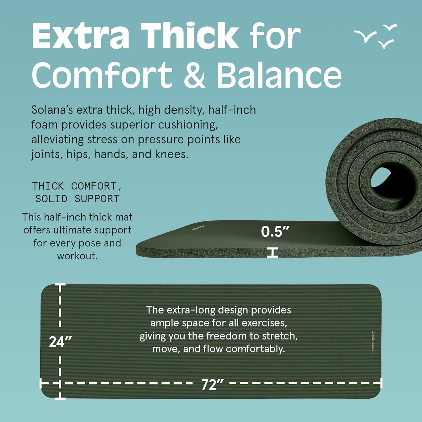 Retrospec Solana Yoga Mat Thick 1/2in Non-Slip Workout Mat with Nylon Strap - 72x24in Exercise Mat for Pilates, Stretching & Fitness - BPA Free, Easy Clean