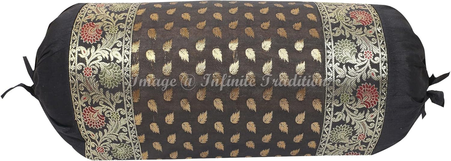 Ethnic Living Room Decorative Bolster Tube Pillow Covers Cylindrical Black Yoga Large Couch Round Cushion Cover Jacquard Brocade Silk Small Leaves Throw Pillow Case 76x38cm (30x15 inch) - 2 Pc.