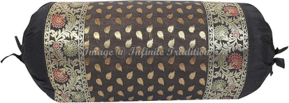 Ethnic Living Room Decorative Bolster Tube Pillow Covers Cylindrical Black Yoga Large Couch Round Cushion Cover Jacquard Brocade Silk Small Leaves Throw Pillow Case 76x38cm (30x15 inch) - 2 Pc.