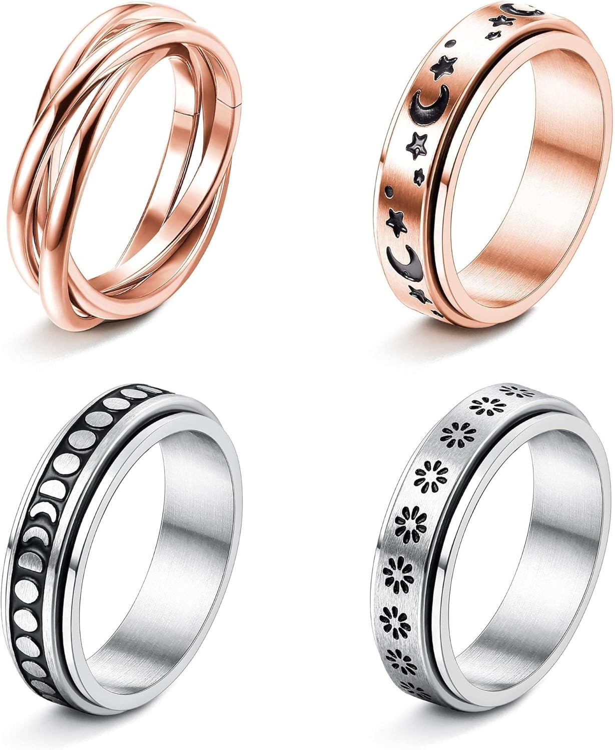 FUNRUN JEWELRY Stainless Steel Fidget Anxiety Ring for Women Men Fidget Spinner Rings Moon Star Celtic Stress Relieving Spinning Ring Wedding Band Rings Set,4-6Pcs