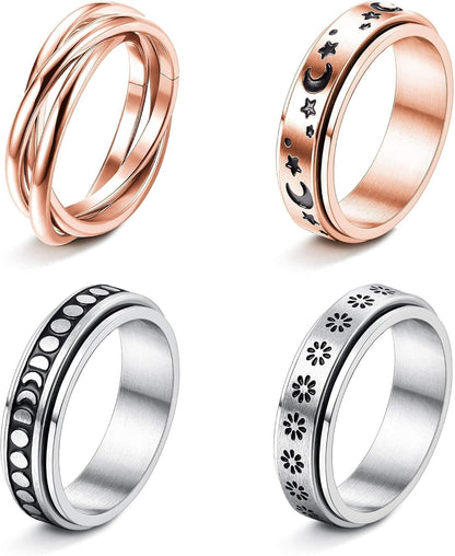 FUNRUN JEWELRY Stainless Steel Fidget Anxiety Ring for Women Men Fidget Spinner Rings Moon Star Celtic Stress Relieving Spinning Ring Wedding Band Rings Set,4-6Pcs