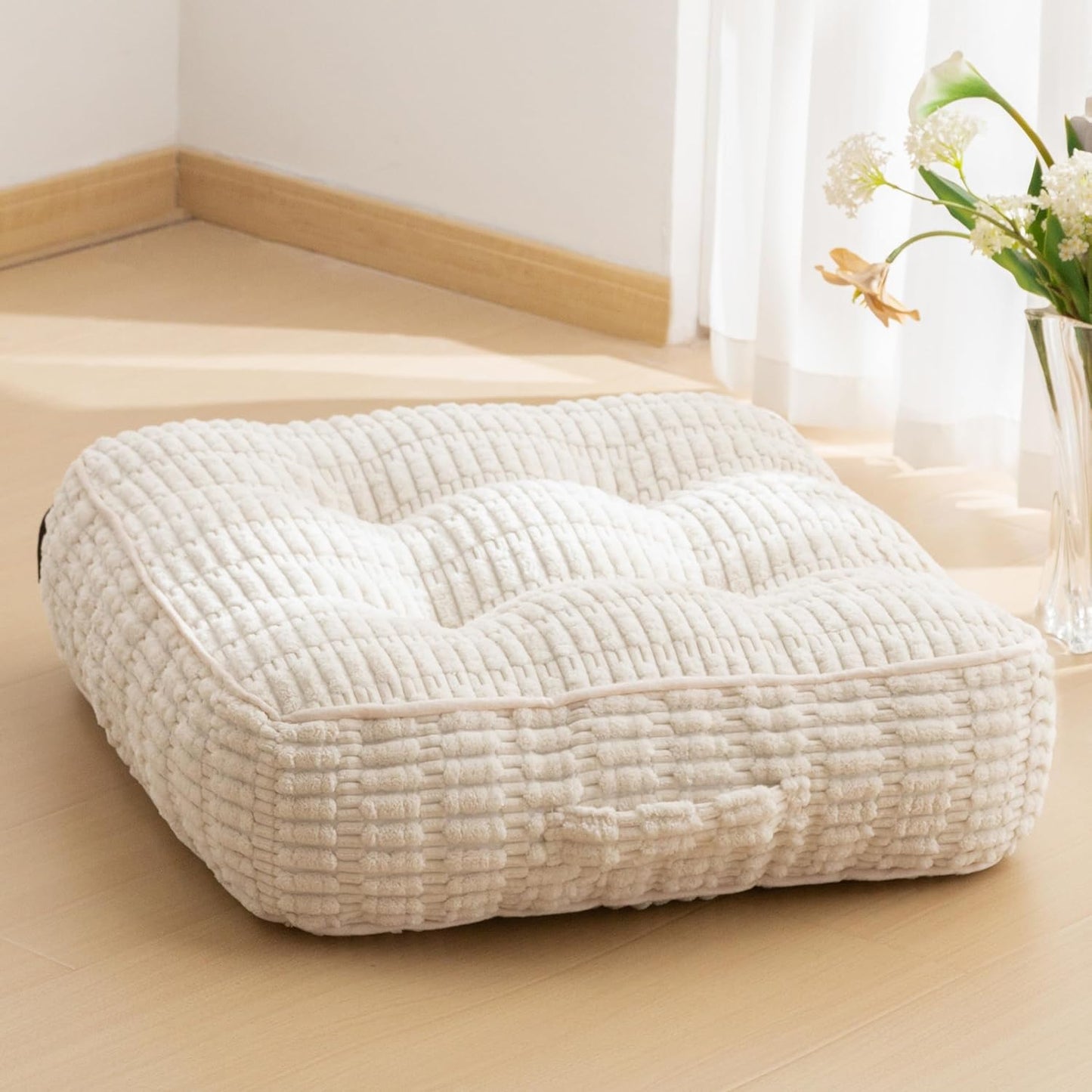 HIGOGOGO Floor Pillow Cushion for Adults, Meditation Cushion Pillow, Blended Corduroy Cover, Large Square Floor Sitting for Tatami Living Room or Yoga, 22x22 Inch, Beige