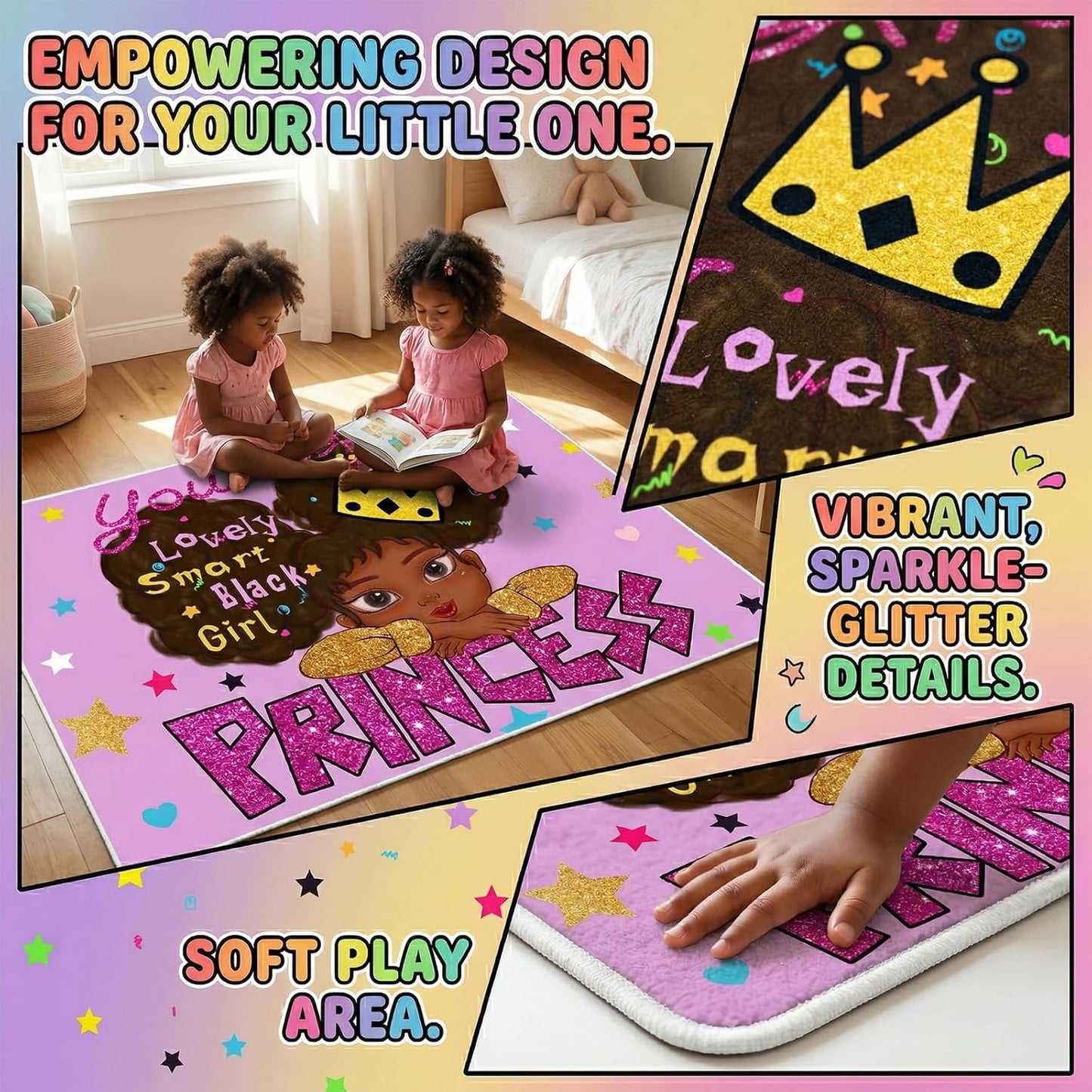 Black Girl Area Rug for Bedroom African American Rugs for Room Princess Carpet Kids Rugs for Bedroom African Girls Carpet for Living Room Teen Girls Yoga Mats, Pink, 4'×5'