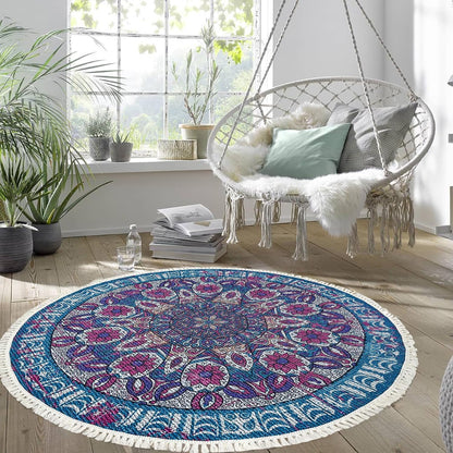 Boho Rug 5Ft Round Bedroom Carpet Circle Nonslip Farmhouse Area Rug Rustic Mandala Floor Mat for Living Room Locker Room Tassel Yoga Throw Rugs Washable Doormat, Purple