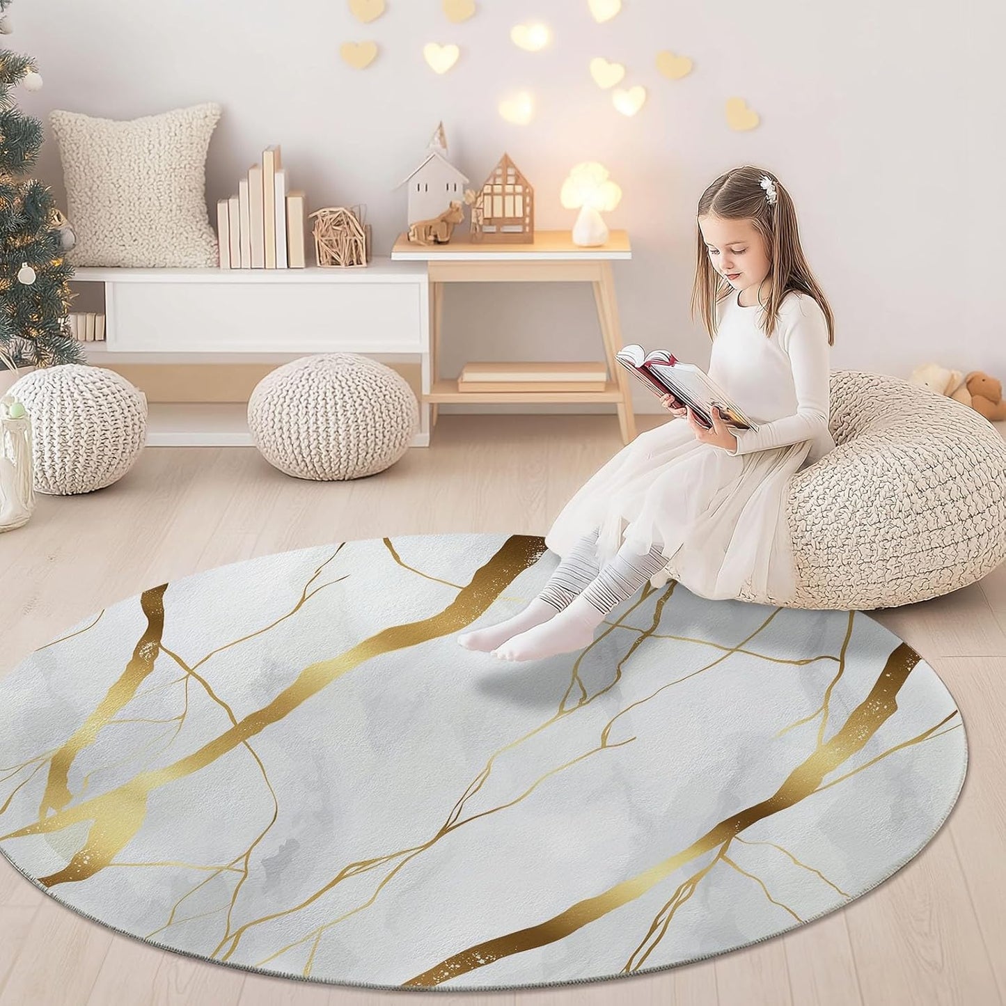Simple Elegant Style Gold Line Pattern Round Rug 4 ft White Gold Living Room Rug Soft Dining Room Circle Rugs Non Slip Bedroom Mat, Indoor Floor Nursery Carpet for Kitchen Coffee Table Hardwood Floor
