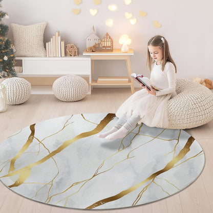 Simple Elegant Style Gold Line Pattern Round Rug 4 ft White Gold Living Room Rug Soft Dining Room Circle Rugs Non Slip Bedroom Mat, Indoor Floor Nursery Carpet for Kitchen Coffee Table Hardwood Floor