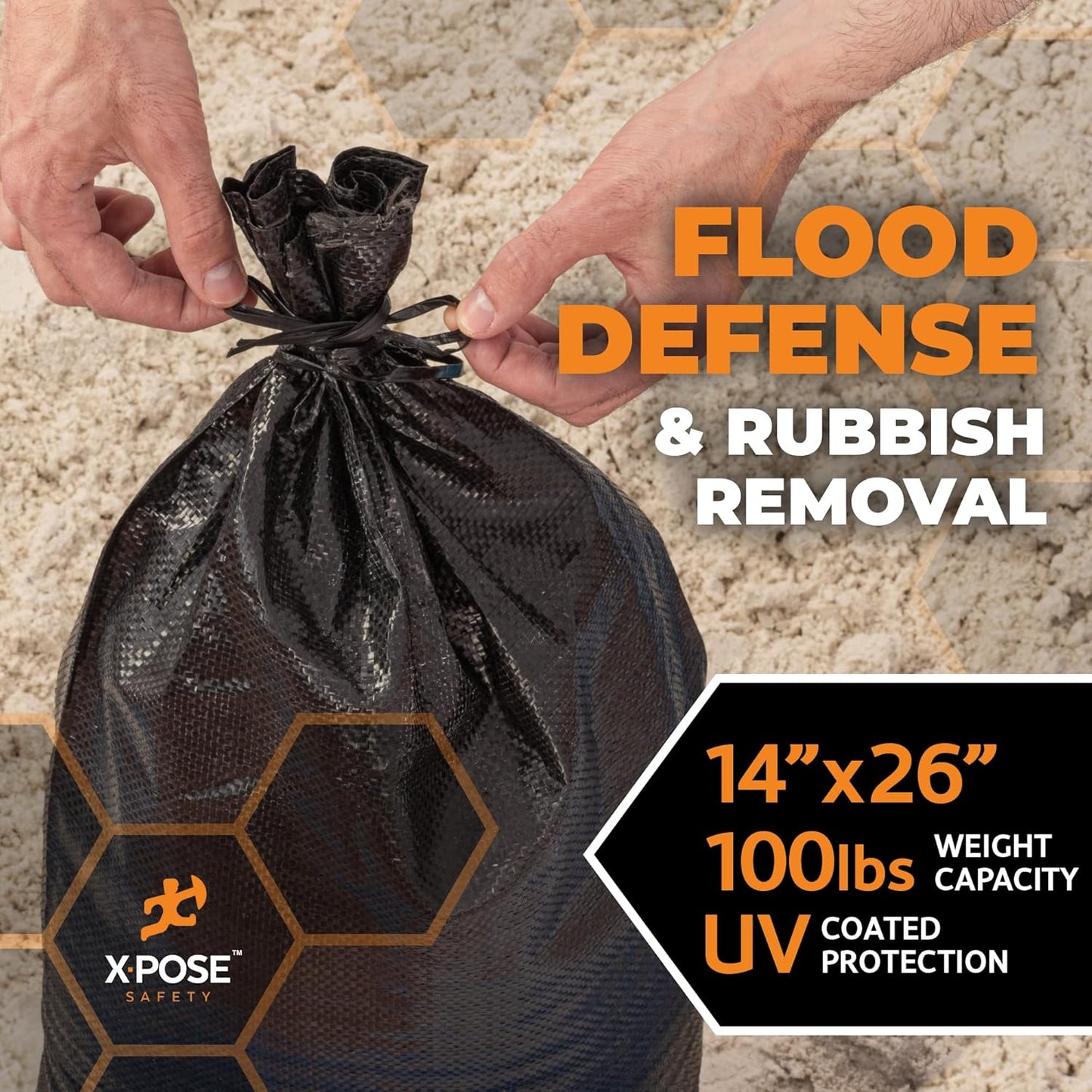 Xpose Safety Heavy Duty Sand Bags with Tie Strings – Empty Woven Polypropylene Sandbags for Hurricane Flood Protection, 100 lb Capacity, 14" x 26", Black, Pack of 10