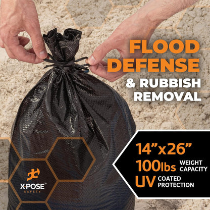 Xpose Safety Heavy Duty Sand Bags with Tie Strings – Empty Woven Polypropylene Sandbags for Hurricane Flood Protection, 100 lb Capacity, 14" x 26", Black, Pack of 10