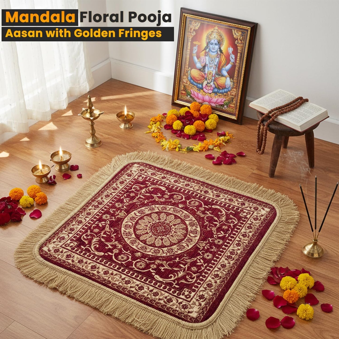 Soft Chenille Prayer Mat | Traditional Mandala Floral Pooja Aasan with Golden Fringes | Multipurpose Square Rug for Meditation, Yoga, Puja Room & Home (Red, 2x2 Feet)