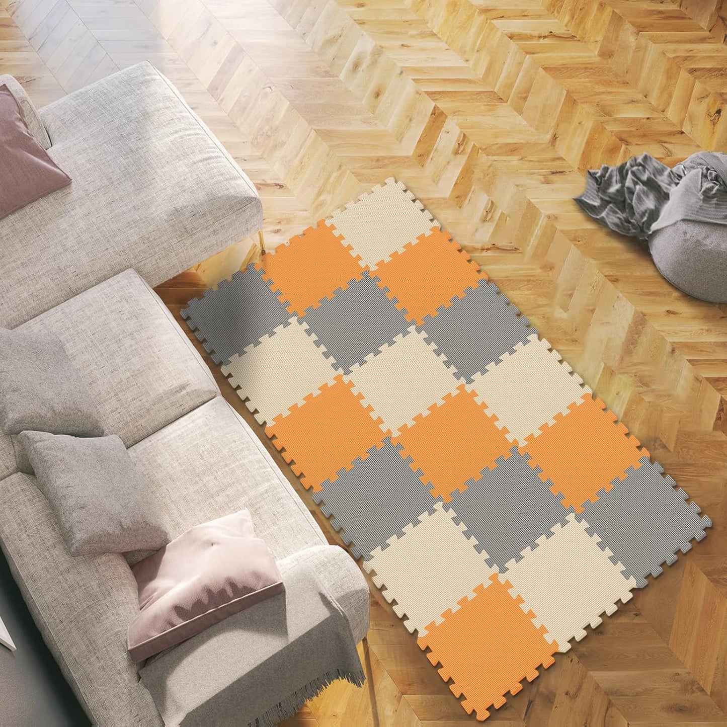 qqpp EVA Rubber 18 Tiles Interlocking Puzzle Foam Floor Mats - Baby Play Mat for Playing | Exercise Mat for Home Workout. White, Pink, Gray. QC-ACLb18N