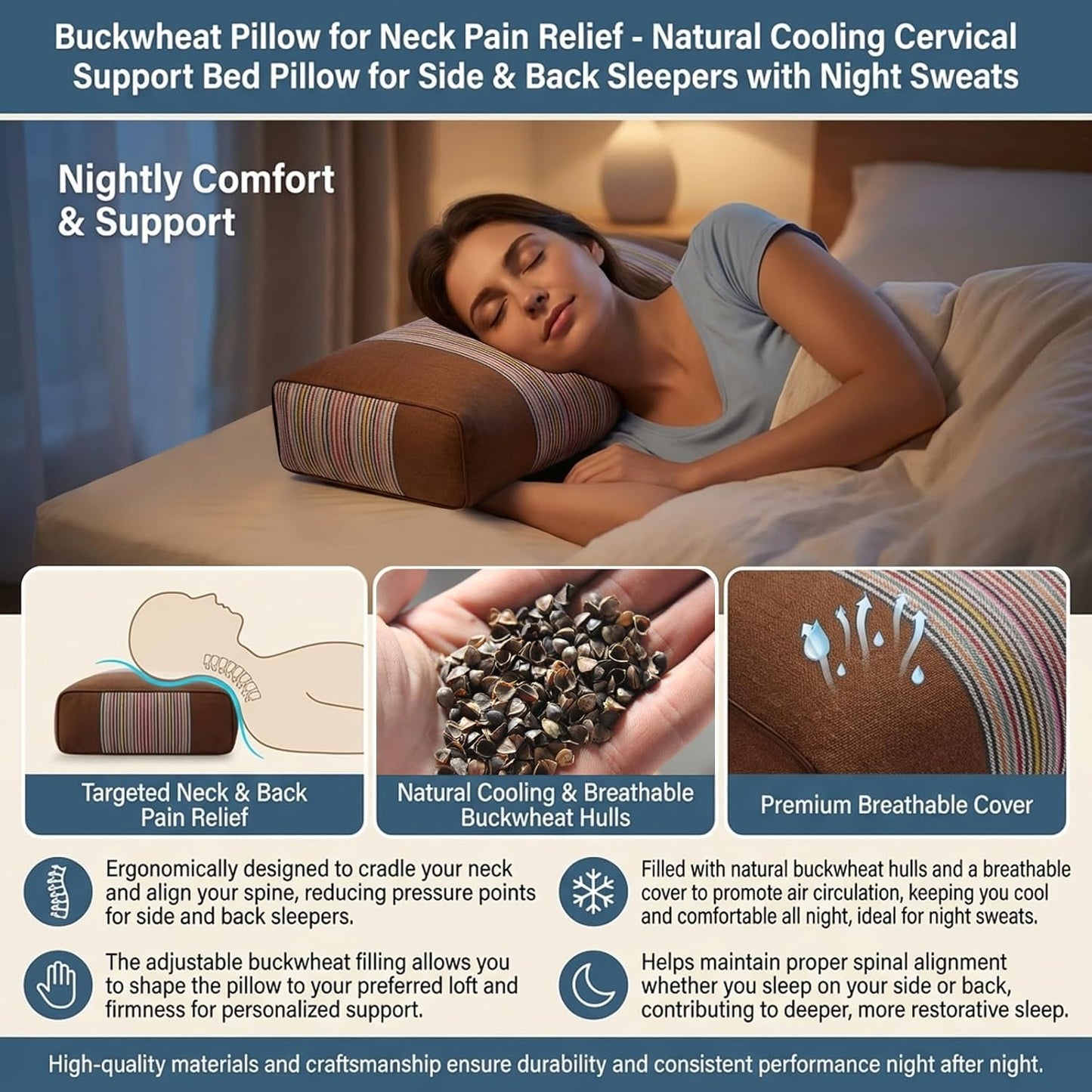 Adjustable Buckwheat Hull Pillow for Neck Pain Relief (21x8x4in) Natural Cooling Cervical Support Organic Pillow for Side & Back Sleepers with Night Sweats (Grey)