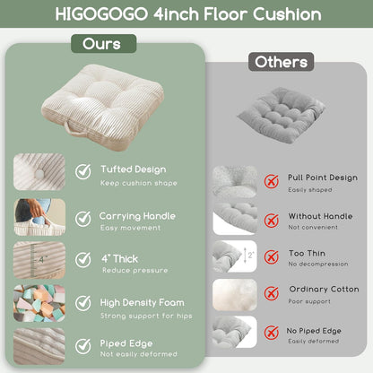 HIGOGOGO Floor Pillow Cushion for Adults, Meditation Cushion Pillow, Large Square Floor Sitting, Tufted Corduroy Cover, for Tatami Living Room or Yoga, 22x22 Inch, Dark Grey