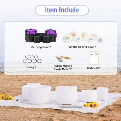 CVNC 432Hz 7-12 Inch Crystal Singing Bowl Set of 7 with 2 Pcs Carrying Case Bag, Frosted Quartz Crystal Sound Bowls for Chakra, Sound Therapy, Meditation Energy