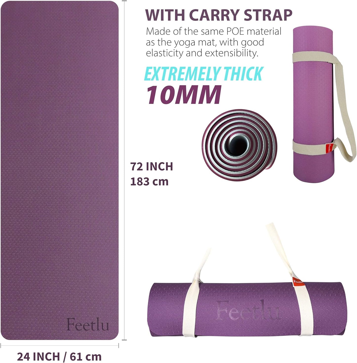 Extra Thick Exercise Yoga Mat with Strap - 2/5 Inch (10MM), Non-Slip Workout Mat for Yoga, Pilates, and Floor Exercises