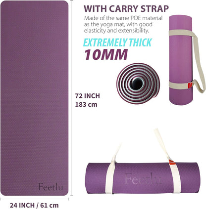 Extra Thick Exercise Yoga Mat with Strap - 2/5 Inch (10MM), Non-Slip Workout Mat for Yoga, Pilates, and Floor Exercises