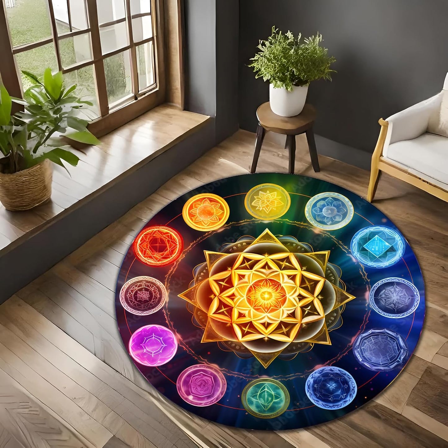 Chakra Round Area Rug, Non-Slip Meditation & Yoga Carpet for Living Room, Meditation Round Area Rugs, Modern Circular Bedroom Rug 57