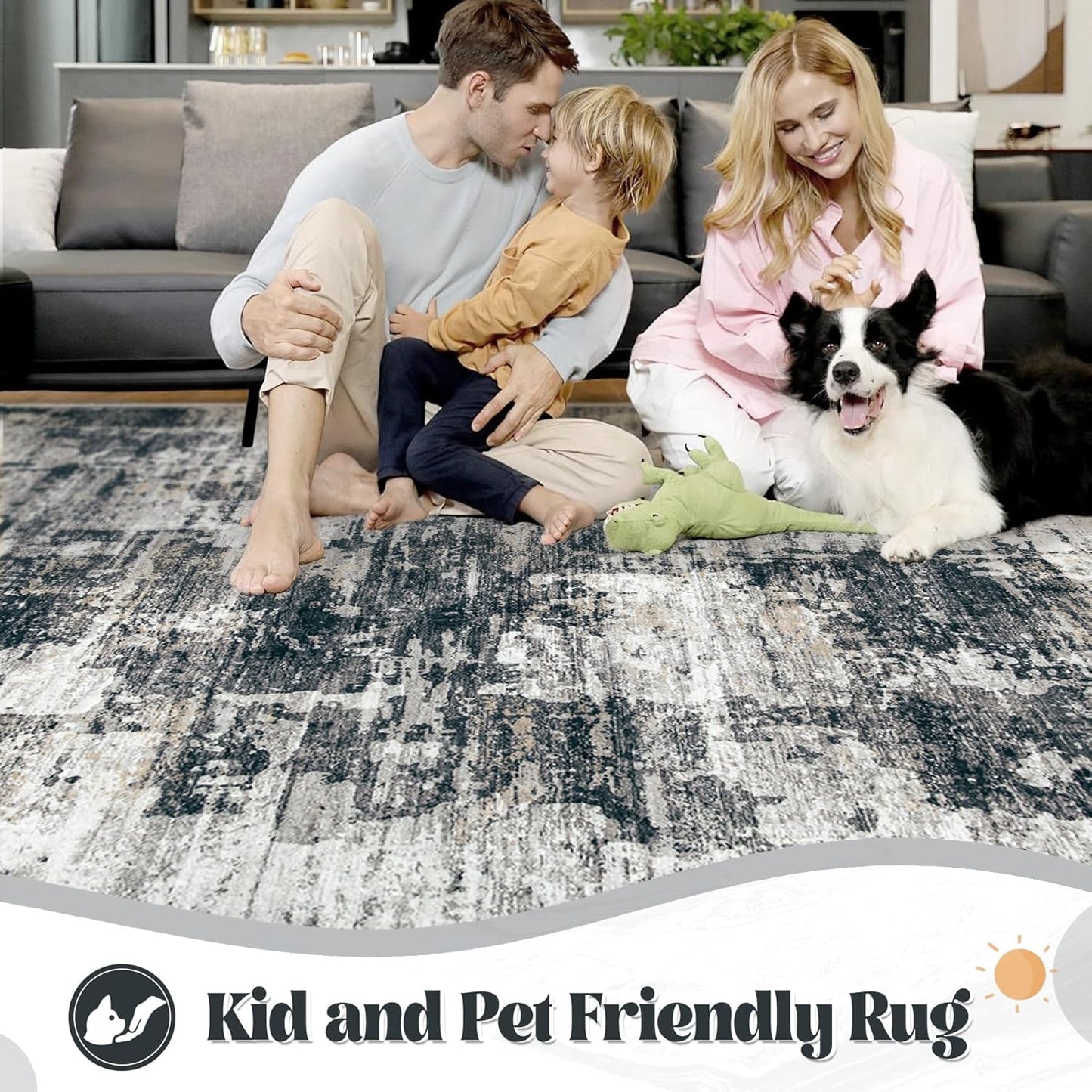 XLUEZ 8x10 Area Rugs for Living Room, Washable Modern Abstract Large Area Rug Neutral Soft Non Slip Kids Rug Stain Resistant Indoor Carpet for Bedroom Nursery Dining Children's Room(Blue, 8'x10')