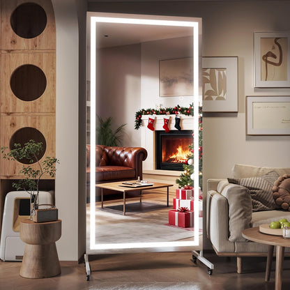 Hasipu Home Gym Mirror with Light 360° Swivel on Wheels, 79" x 32" Extra Large Full Length Rolling LED Mirror for Yoga Studio, Bedroom, Dancing Studio, White