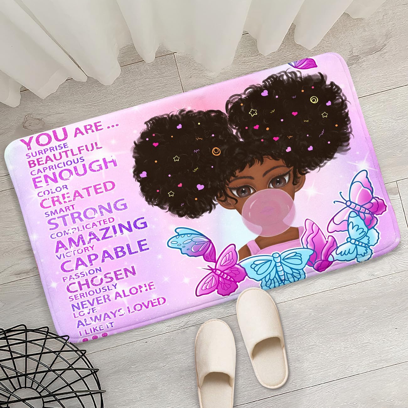Black Girl Area Rug for Bedroom African Black Girls Floor Rugs for Living Room Playroom Cartoon Art Home Decor Soft Yoga Mats for Women Afro Purple 47" x 31" (2.7 x 3 Feet)