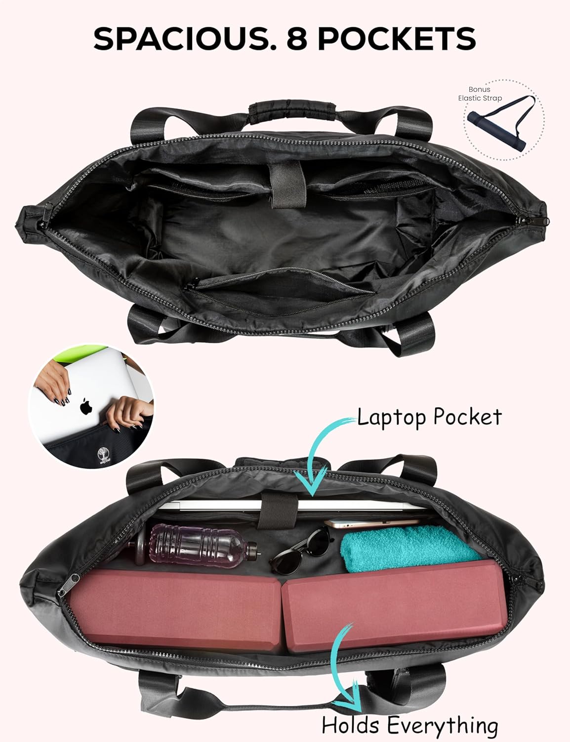 Yoga Mat Carrier: Extendable, Built-In Mat Straps & Laptop Pocket. Carry All Yoga Gym Work Accessories. Large Yoga Gym Tote Bag for Women & Men