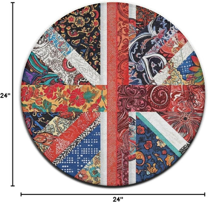 Machine Washable Modern Round Area Rug, Room Sofa Yoga Soft Round Carpet, Home Decor Non Slip Kitchen Office Circle Rug Union Jack Flag UK Mandala Art, 60inch