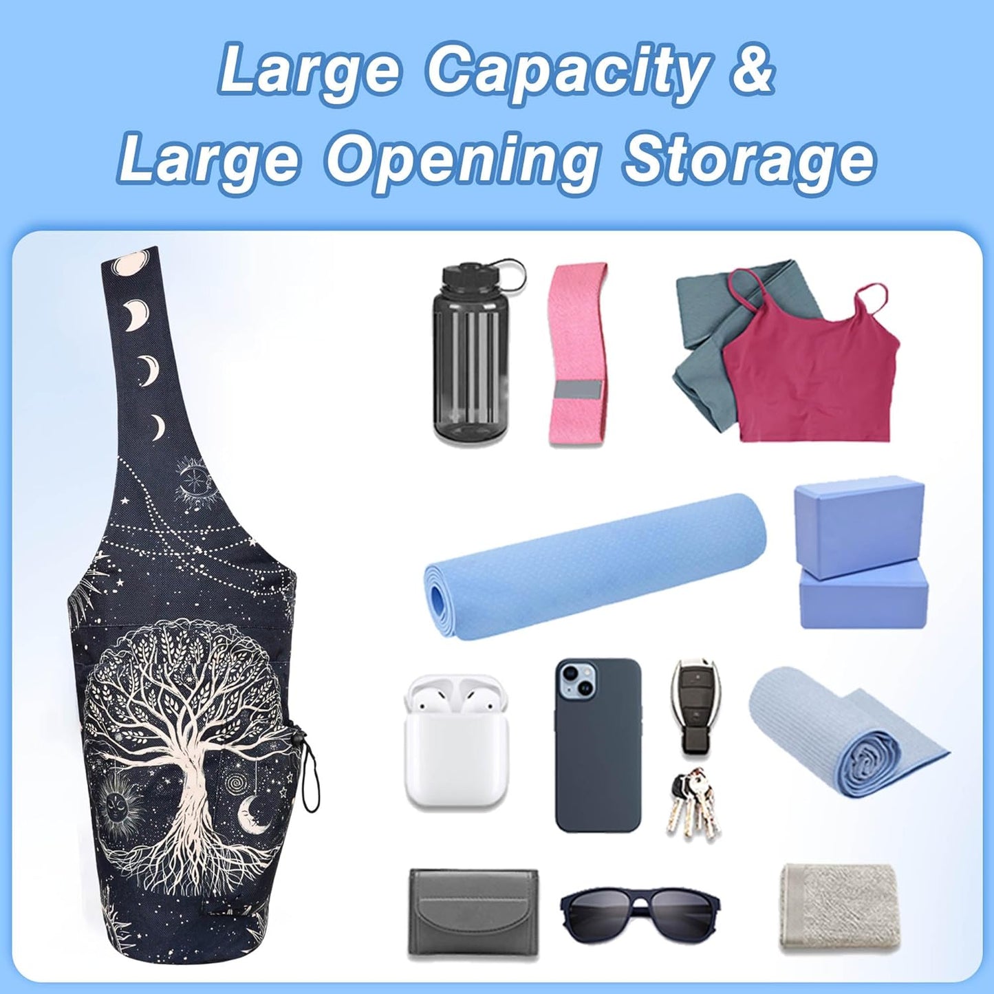 Yoga Mat Bag - Large Opening Long Tote Yoga Mat Carrier Holder Bag with Waterproof Wet Zipper Pocket and Drawstring Water Bottle Pocket - Yoga Bag Fit Most Size Mats