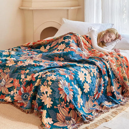 Boho Throw Blanket - 100% Cotton Soft Summer Throw Blanket for Bed, 50"x60" Reversible Breathable Lightweight Blankets, All Seasons Farmhouse Decor Floral Plant Butterfly Throw Quilt