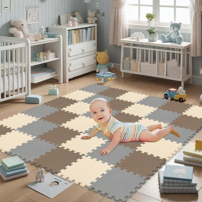 qqpp EVA Rubber 18 Tiles Interlocking Puzzle Foam Floor Mats - Baby Play Mat for Playing | Exercise Mat for Home Workout. White, Pink, Gray. QC-ACLb18N
