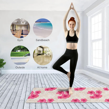 Tropical Pink Hibiscus Flowers Yoga Mat, Anti-Tear Non Slip Exercise & Workout Mat, 71” x 26” with Storage Bag for Home Yoga, Pilates, Fitness & Floor Workouts